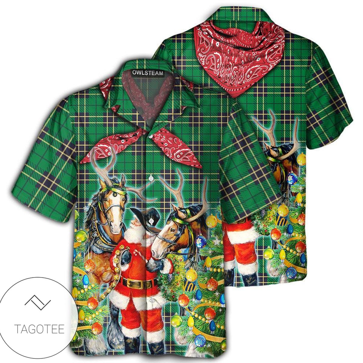 Santa Cowboy Christmas Green Style Hawaiian Shirt- Tagotee Santa Cowboy Christmas Green Style Hawaiian Shirt- Tagotee