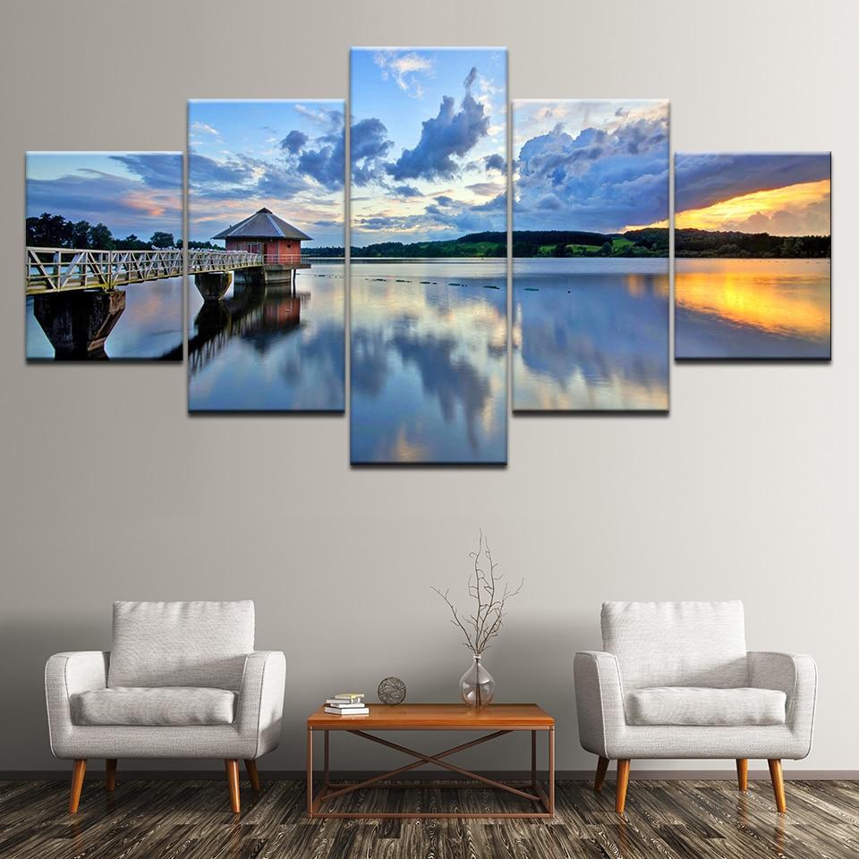 Sea Bridge Blue Sky White Cloud - Nature 5 Panel Canvas Art Wall Decor Sea Bridge Blue Sky White Cloud - Nature 5 Panel Canvas Art Wall Decor