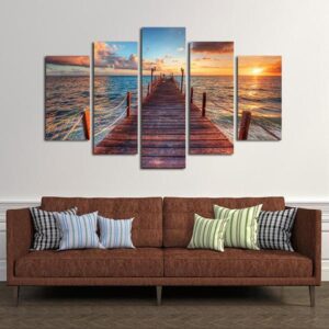 Sea Bridge Sunset Sunshine - Nature 5 Panel Canvas Art Wall Decor