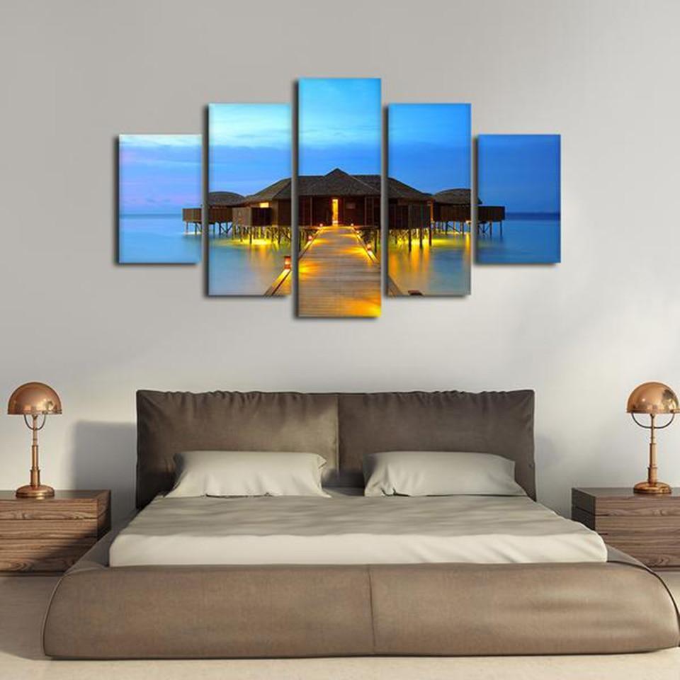 Sea Bridge Wooden House - Space 5 Panel Canvas Art Wall Decor Sea Bridge Wooden House - Space 5 Panel Canvas Art Wall Decor