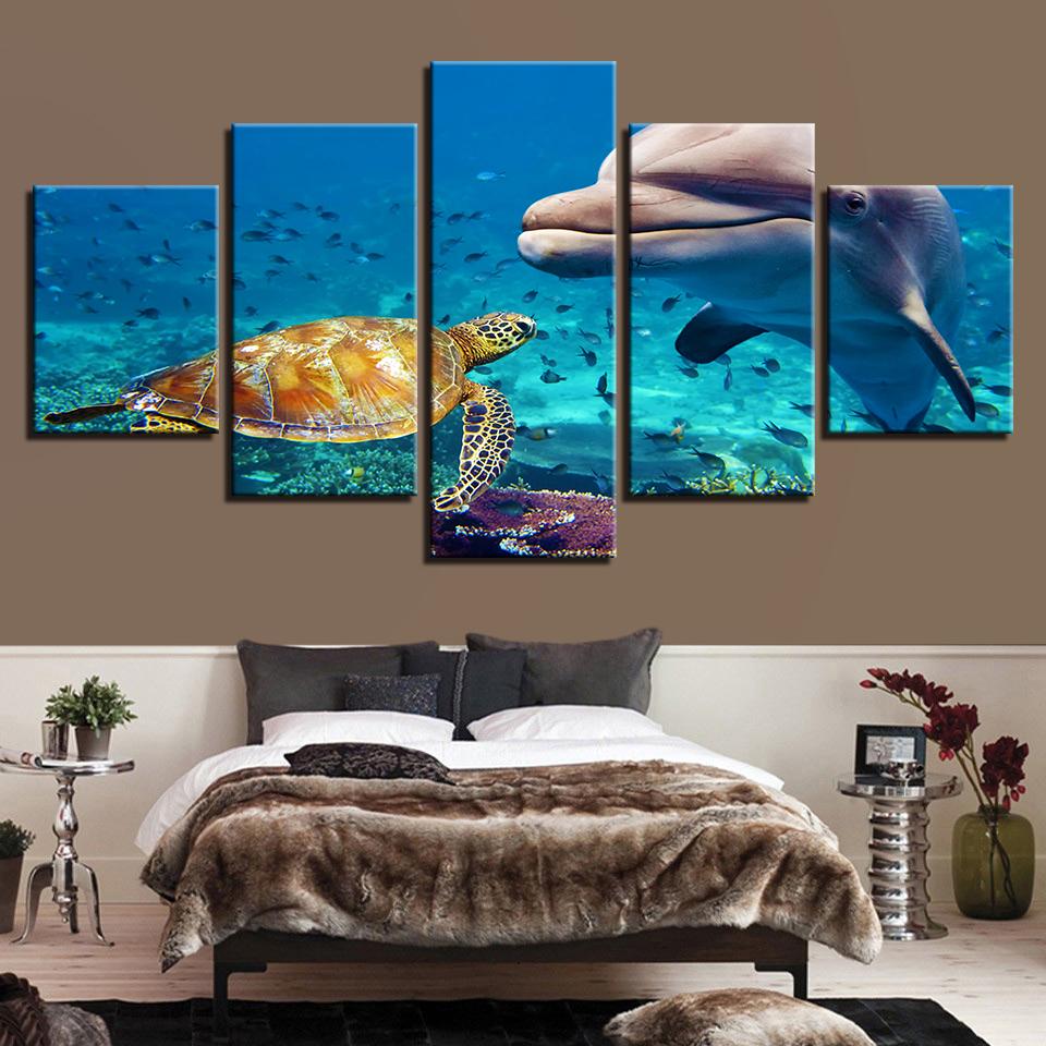 Sea Turtle Blue Deep Ocean Dolphin Fish - Animal 5 Panel Canvas Art Wall Decor Sea Turtle Blue Deep Ocean Dolphin Fish - Animal 5 Panel Canvas Art Wall Decor
