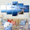 Sea Water And Bird Flying In Blue Sky - Nature 5 Panel Canvas Art Wall Decor