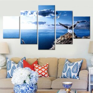 Sea Water And Bird Flying In Blue Sky - Nature 5 Panel Canvas Art Wall Decor