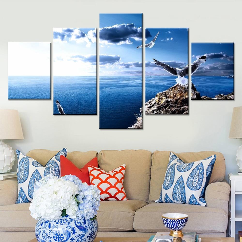 Sea Water And Bird Flying In Blue Sky - Nature 5 Panel Canvas Art Wall Decor Sea Water And Bird Flying In Blue Sky - Nature 5 Panel Canvas Art Wall Decor