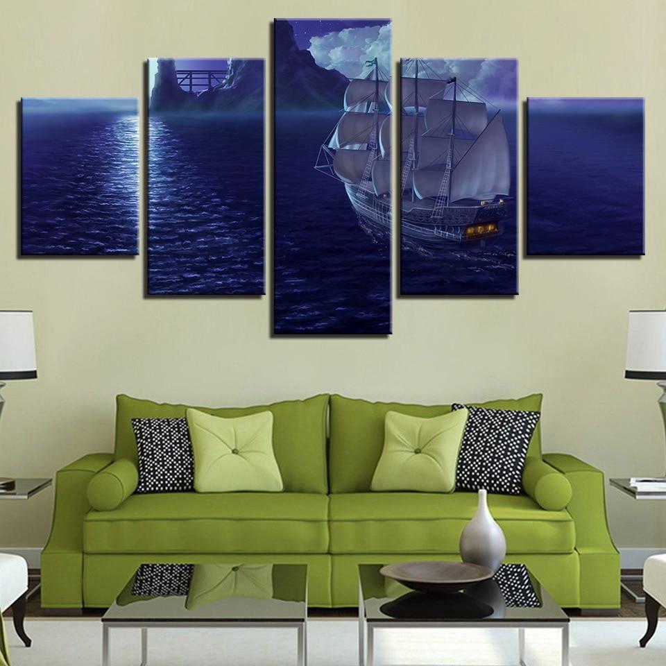 Sea Water Ship And Cloud Night - Space 5 Panel Canvas Art Wall Decor Sea Water Ship And Cloud Night - Space 5 Panel Canvas Art Wall Decor