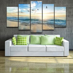 Sea Wave Beach Seagull Birds - Nature 5 Panel Canvas Art Wall Decor