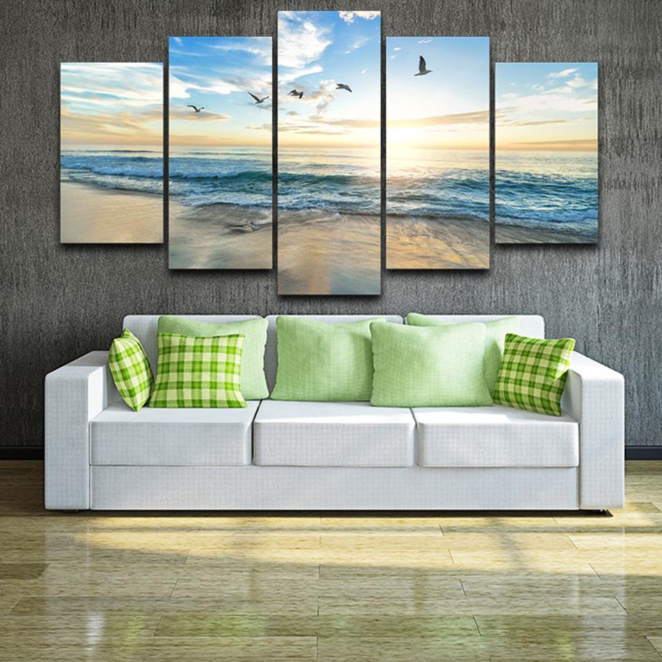 Sea Wave Beach Seagull Birds - Nature 5 Panel Canvas Art Wall Decor Sea Wave Beach Seagull Birds - Nature 5 Panel Canvas Art Wall Decor
