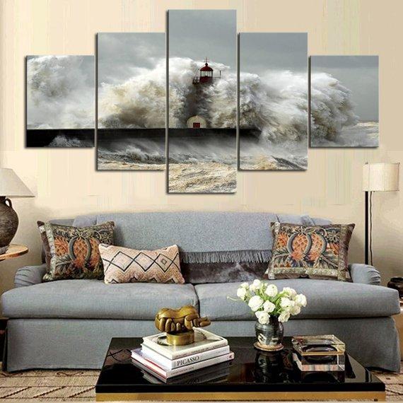 Sea Wave Lighthouse 01 - Nature 5 Panel Canvas Art Wall Decor Sea Wave Lighthouse 01 - Nature 5 Panel Canvas Art Wall Decor