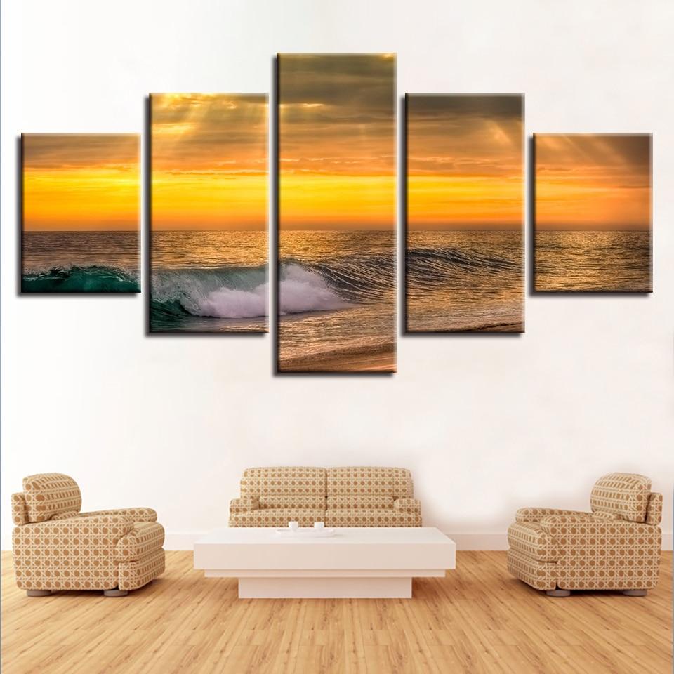 Sea Wave Sunrise - Space 5 Panel Canvas Art Wall Decor Sea Wave Sunrise - Space 5 Panel Canvas Art Wall Decor