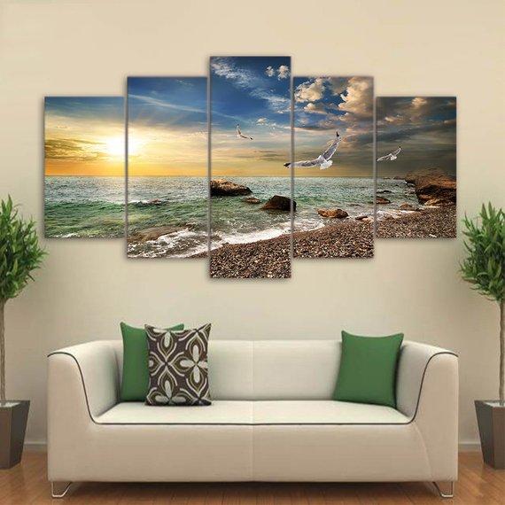 Seagull Shore - Nature 5 Panel Canvas Art Wall Decor Seagull Shore - Nature 5 Panel Canvas Art Wall Decor