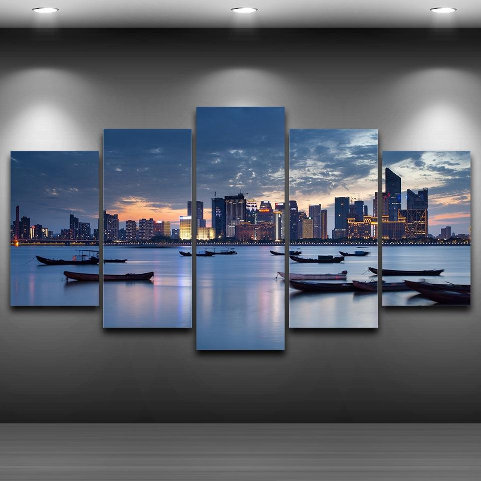 Seaside City Lake Boat - Space 5 Panel Canvas Art Wall Decor Seaside City Lake Boat - Space 5 Panel Canvas Art Wall Decor