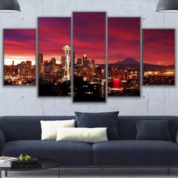 Seattle Red Skyline - Nature 5 Panel Canvas Art Wall Decor Seattle Red Skyline - Nature 5 Panel Canvas Art Wall Decor