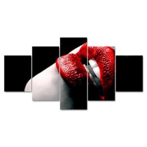 Sexy Woman Red Lips - Abstract 5 Panel Canvas Art Wall Decor