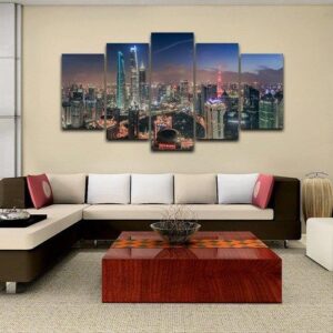 Shangai City View - Nature 5 Panel Canvas Art Wall Decor