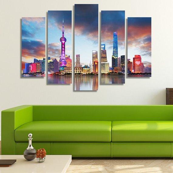 Shanghai Skyline China Skyline Reflection - Nature 5 Panel Canvas Art Wall Decor Shanghai Skyline China Skyline Reflection - Nature 5 Panel Canvas Art Wall Decor