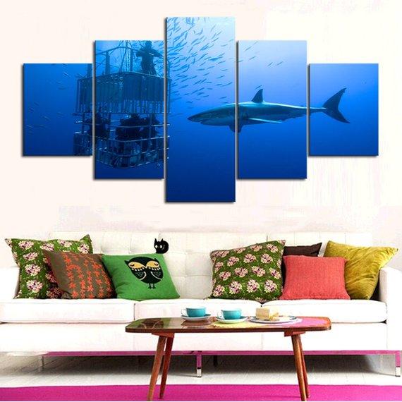 Shark Cage Dive 01 - Animal 5 Panel Canvas Art Wall Decor Shark Cage Dive 01 - Animal 5 Panel Canvas Art Wall Decor