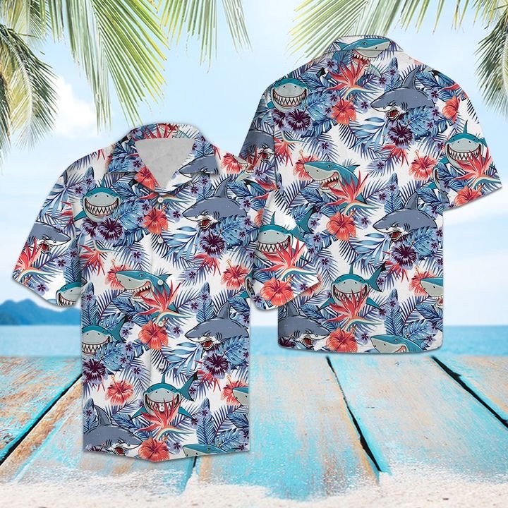 Shark Hibiscus Flower Hawaiian Shirt Summer Button Up Shark Hibiscus Flower Hawaiian Shirt Summer Button Up