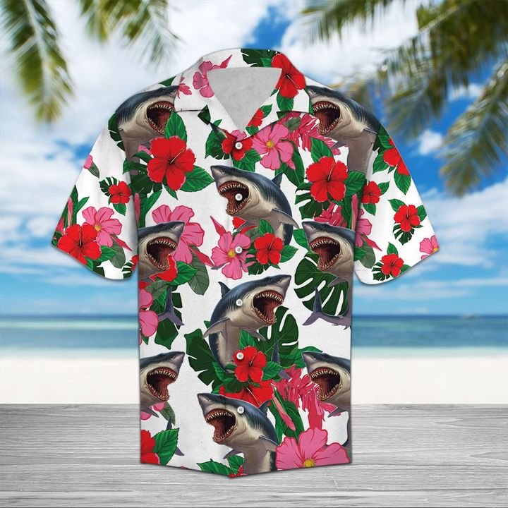 Shark Hibiscus Hawaiian Shirt Summer Button Up Shark Hibiscus Hawaiian Shirt Summer Button Up
