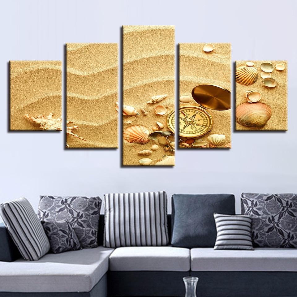 Shell And Compass Sand - Nature 5 Panel Canvas Art Wall Decor Shell And Compass Sand - Nature 5 Panel Canvas Art Wall Decor