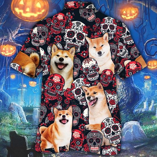 Shiba Inu Dog Sugar Skull Floral Hawaiian Shirt Shiba Inu Dog Sugar Skull Floral Hawaiian Shirt