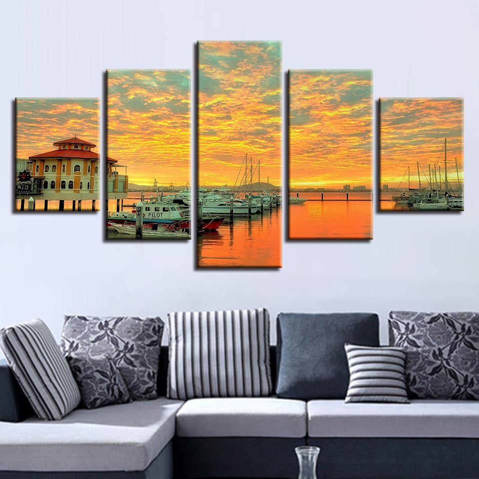 Ship And House Sunset Beautiful - Space 5 Panel Canvas Art Wall Decor Ship And House Sunset Beautiful - Space 5 Panel Canvas Art Wall Decor
