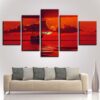 Ship And Red Sun Seascape - Nature 5 Panel Canvas Art Wall Decor
