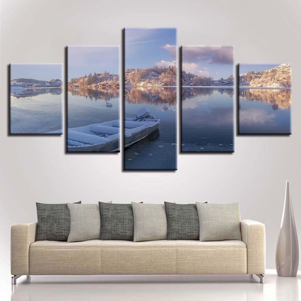 Ship Mountain Lake - Nature 5 Panel Canvas Art Wall Decor Ship Mountain Lake - Nature 5 Panel Canvas Art Wall Decor