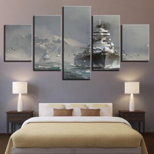 Ship Snow Mountain Seagulls - Space 5 Panel Canvas Art Wall Decor