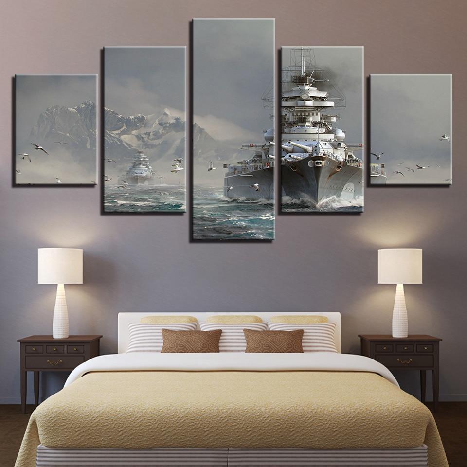 Ship Snow Mountain Seagulls - Space 5 Panel Canvas Art Wall Decor Ship Snow Mountain Seagulls - Space 5 Panel Canvas Art Wall Decor
