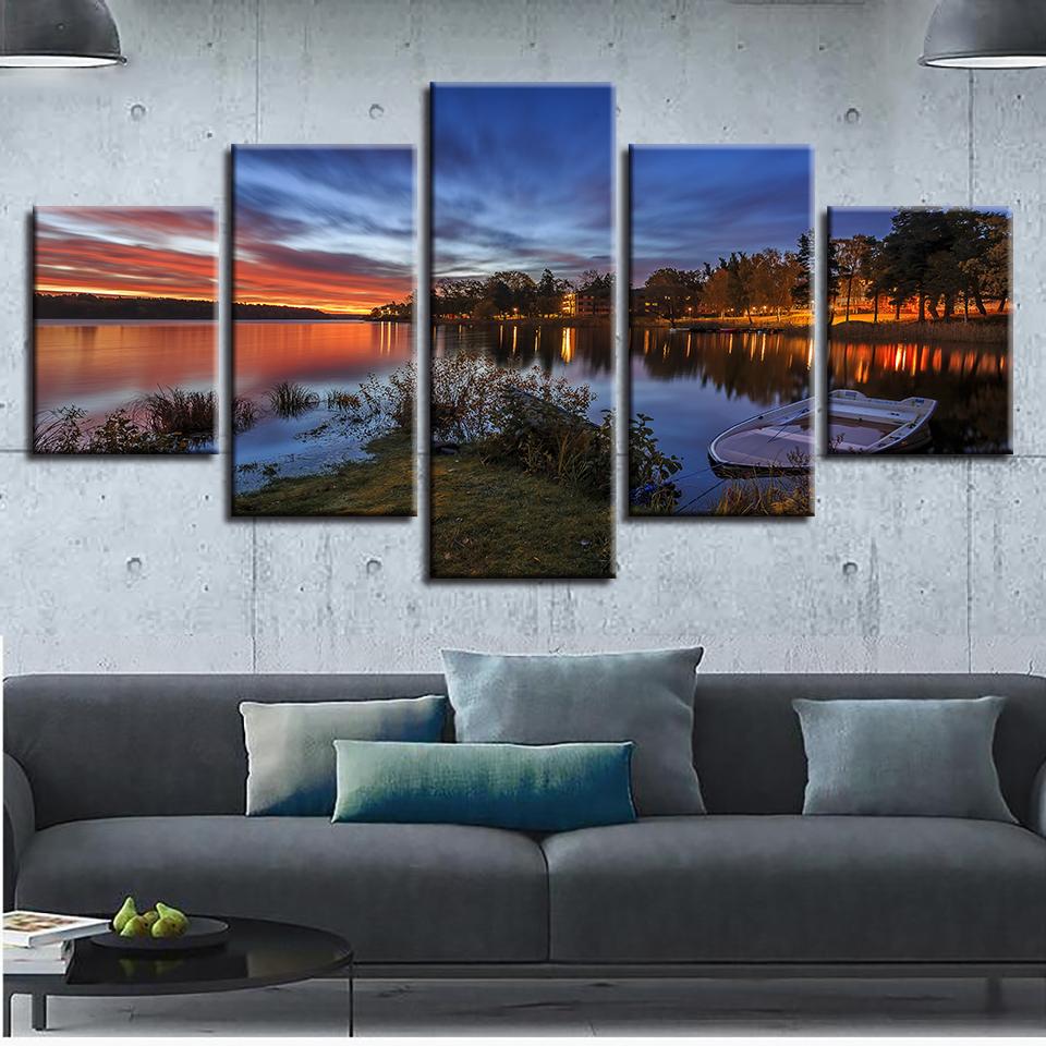 Ship Trees Sunrise - Nature 5 Panel Canvas Art Wall Decor Ship Trees Sunrise - Nature 5 Panel Canvas Art Wall Decor