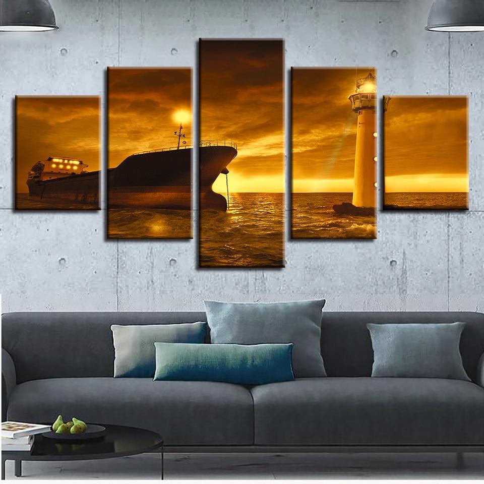 Ships Lighthouse And Golden Sky - Space 5 Panel Canvas Art Wall Decor Ships Lighthouse And Golden Sky - Space 5 Panel Canvas Art Wall Decor