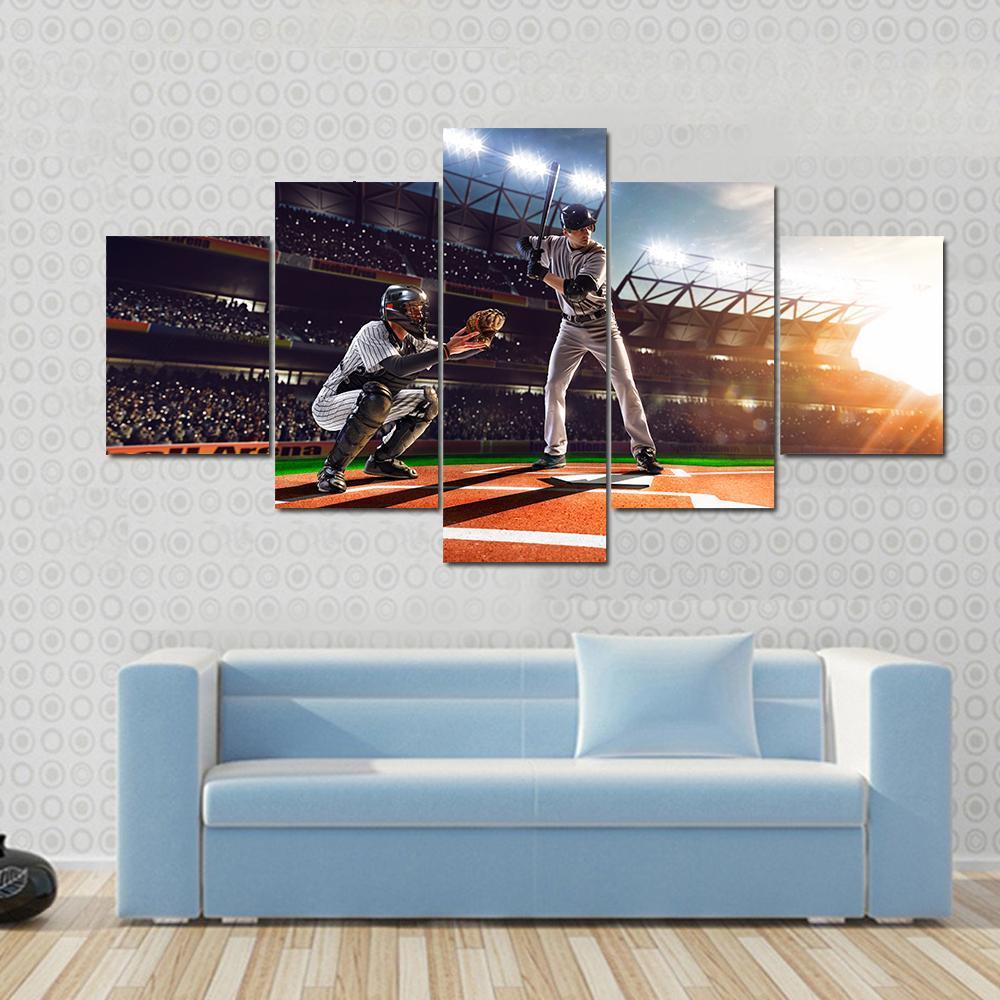 Side View Of Professional Baseball Players On The Grand Arena - Sport 5 Panel Canvas Art Wall Decor Side View Of Professional Baseball Players On The Grand Arena - Sport 5 Panel Canvas Art Wall Decor