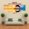 Silhouette Of Jumping Dolphin - Animal 5 Panel Canvas Art Wall Decor