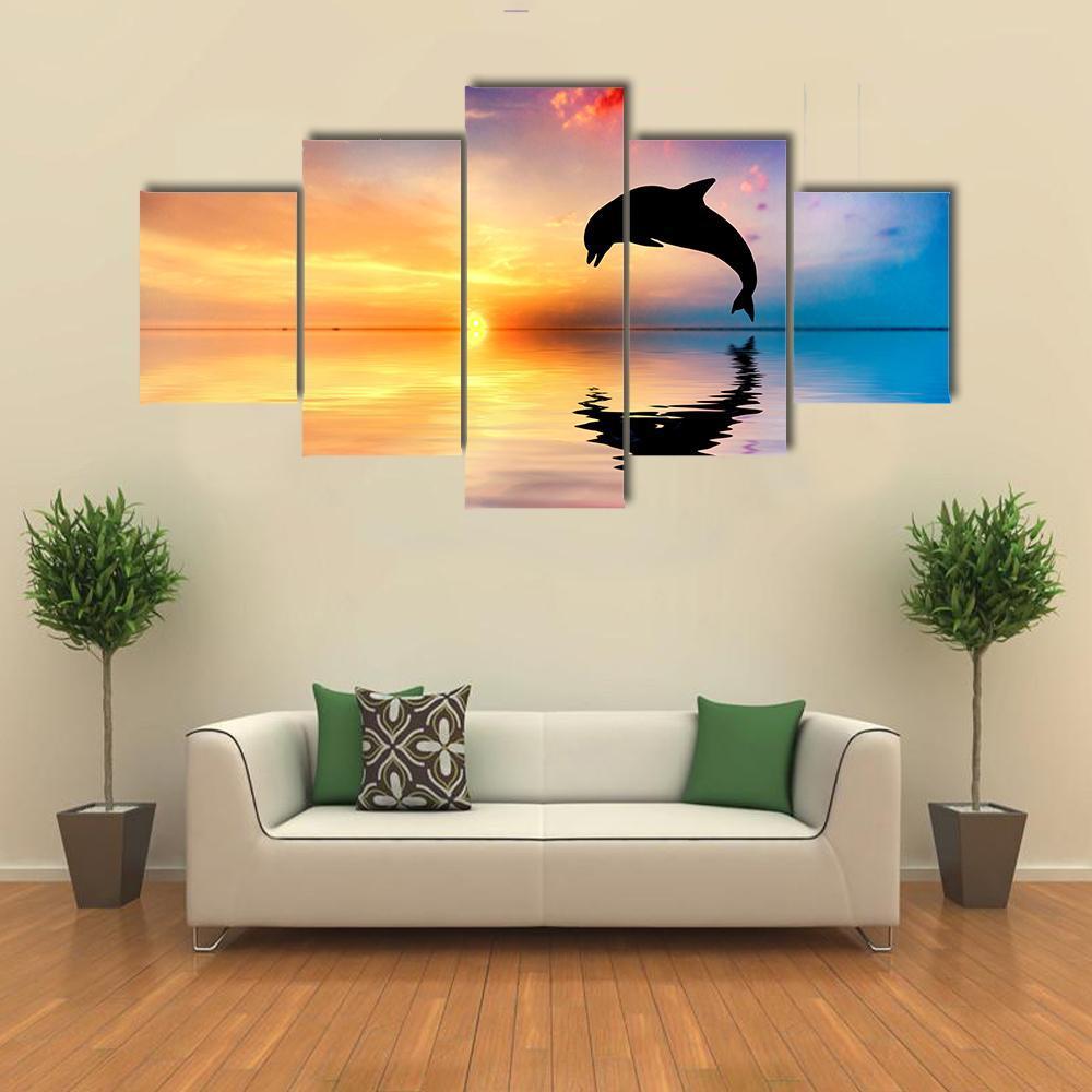 Silhouette Of Jumping Dolphin - Animal 5 Panel Canvas Art Wall Decor Silhouette Of Jumping Dolphin - Animal 5 Panel Canvas Art Wall Decor