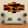 Silhouette Of Two Elephants In The Sunset - Animal 5 Panel Canvas Art Wall Decor