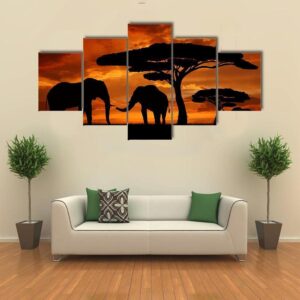 Silhouette Of Two Elephants In The Sunset - Animal 5 Panel Canvas Art Wall Decor