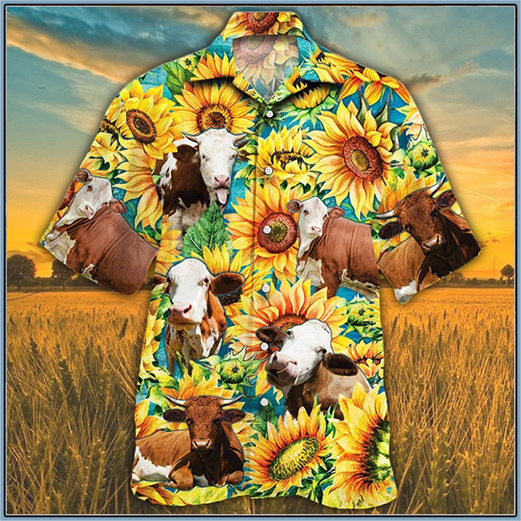 Simmental Cattle Sunflower Watercolor Hawaiian Shirt Simmental Cattle Sunflower Watercolor Hawaiian Shirt