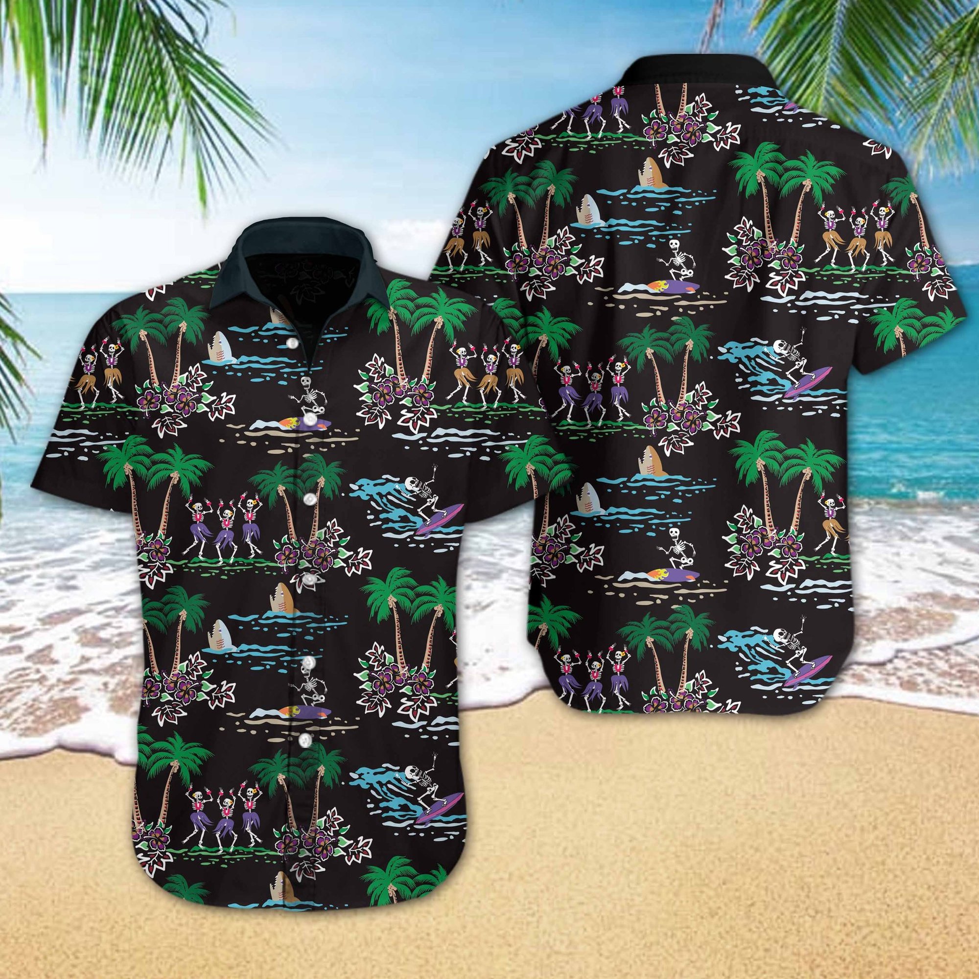 Skeleton Beach Hawaiian Shirt Summer Button Up Skeleton Beach Hawaiian Shirt Summer Button Up