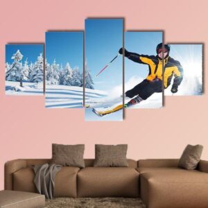 Skier In Mountains - Sport 5 Panel Canvas Art Wall Decor
