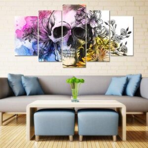 Skull And Flowers 5 - Abstract 5 Panel Canvas Art Wall Decor
