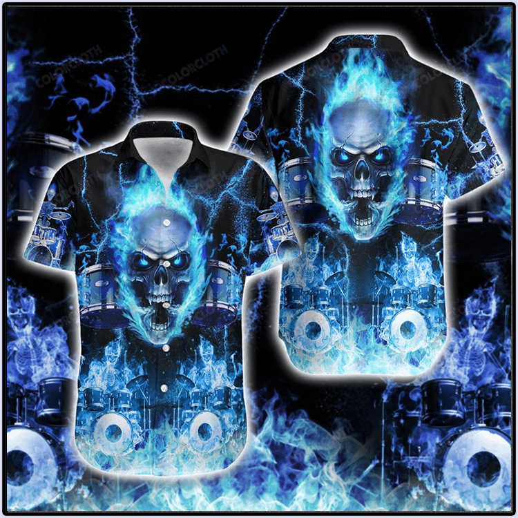 Skull Blue Flame Skeleton Drummer Hawaiian Shirt Skull Blue Flame Skeleton Drummer Hawaiian Shirt