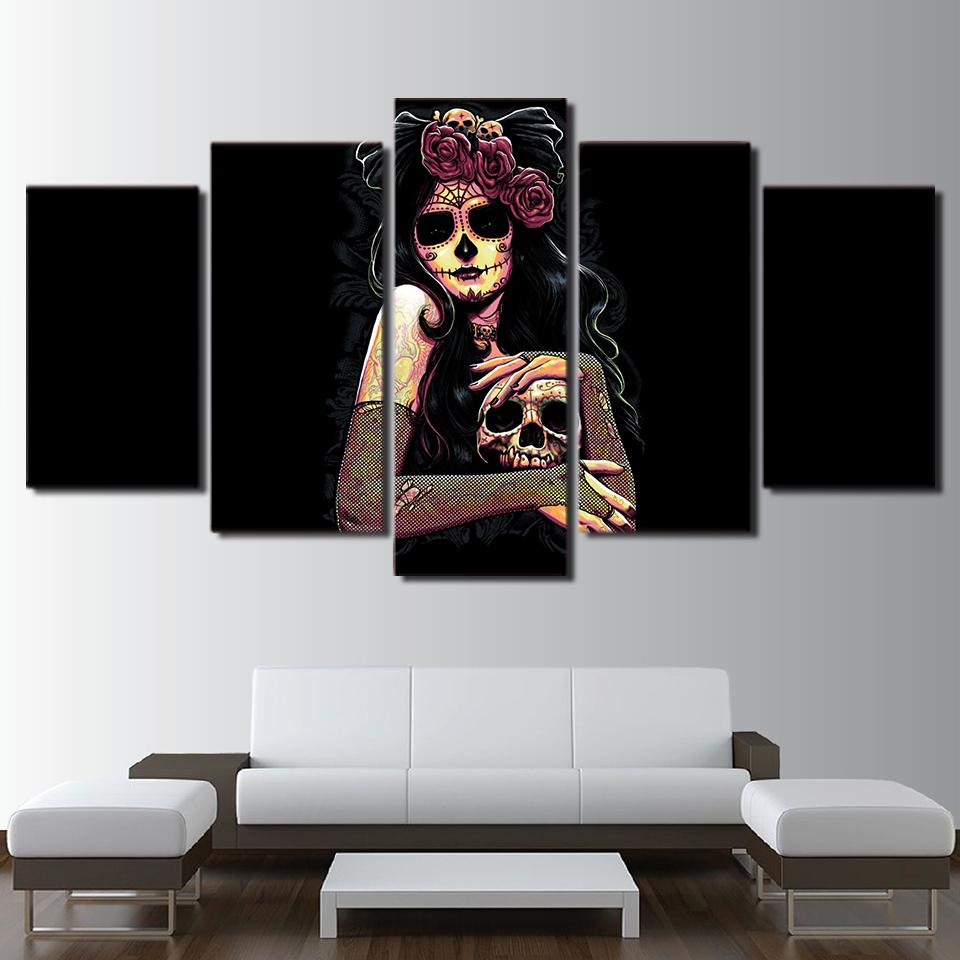 Skull Day Of The Dead Face - Abstract 5 Panel Canvas Art Wall Decor Skull Day Of The Dead Face - Abstract 5 Panel Canvas Art Wall Decor