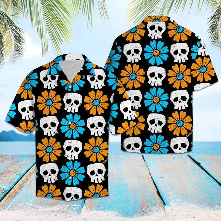 Skull Flower Hawaiian Shirt Summer Button Up Skull Flower Hawaiian Shirt Summer Button Up