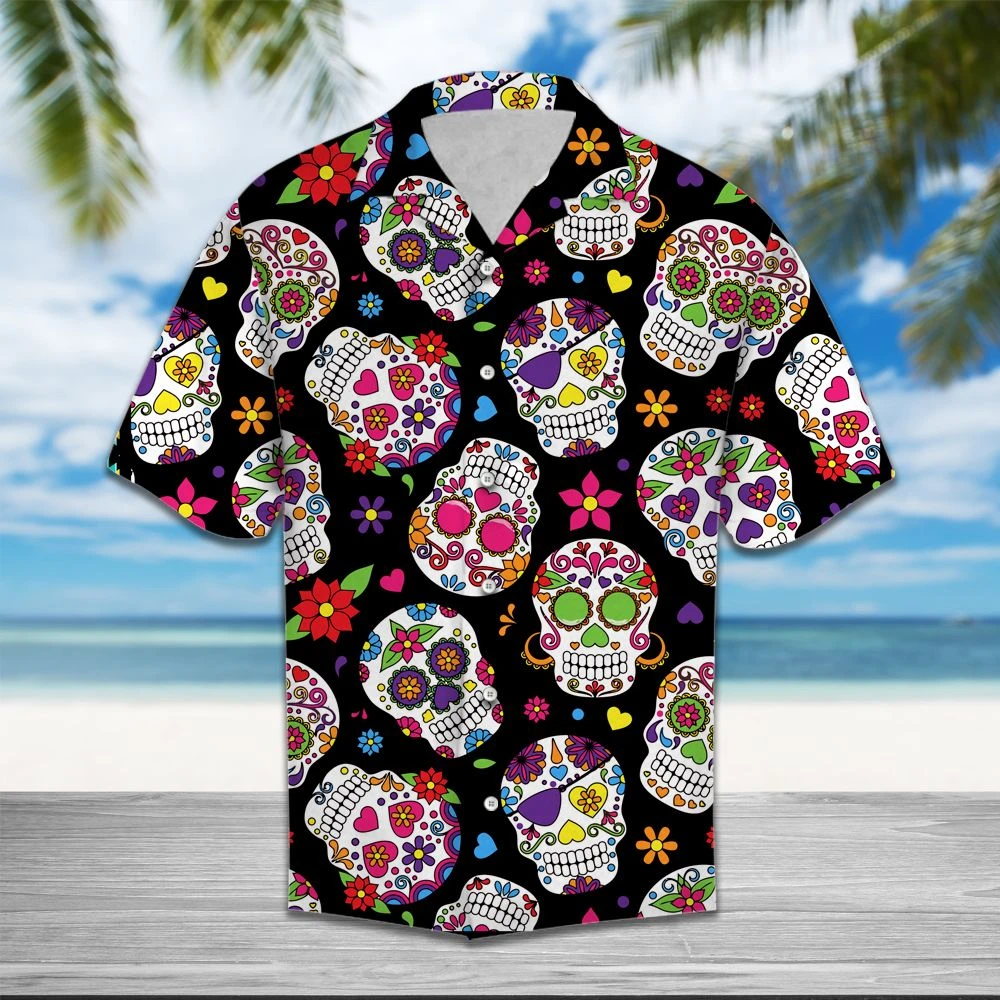 Skull Flower Hawaiian Shirt Summer Button Up Skull Flower Hawaiian Shirt Summer Button Up