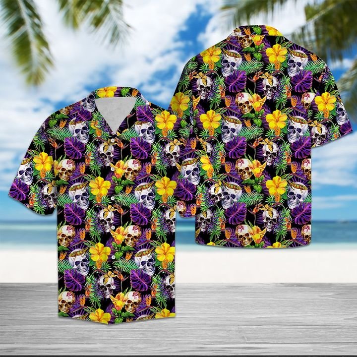 Skull Frangipani Flower Hawaiian Shirt Summer Button Up Skull Frangipani Flower Hawaiian Shirt Summer Button Up