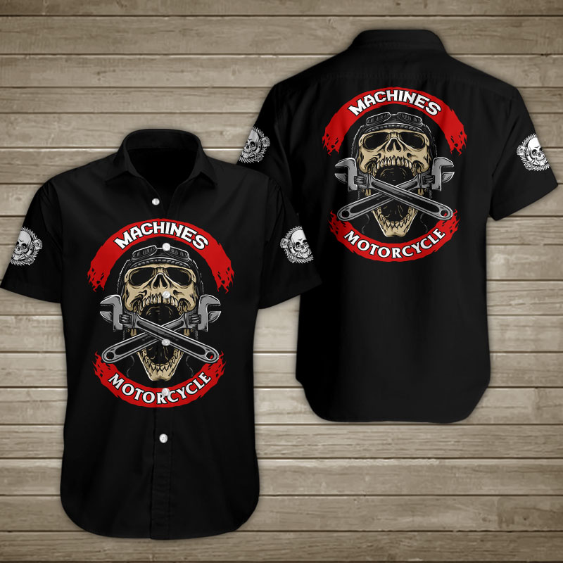 Skull Machines Motorcycle Hawaiian Shirt Summer Button Up Skull Machines Motorcycle Hawaiian Shirt Summer Button Up