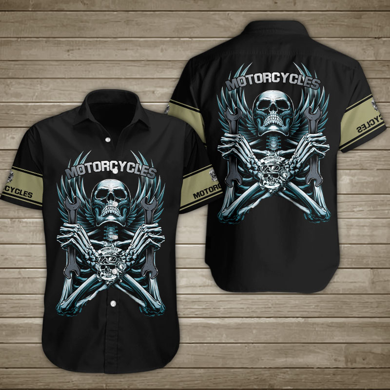 Skull Motorcycle Wrench Spread Wings Hawaiian Shirt Summer Button Up Skull Motorcycle Wrench Spread Wings Hawaiian Shirt Summer Button Up
