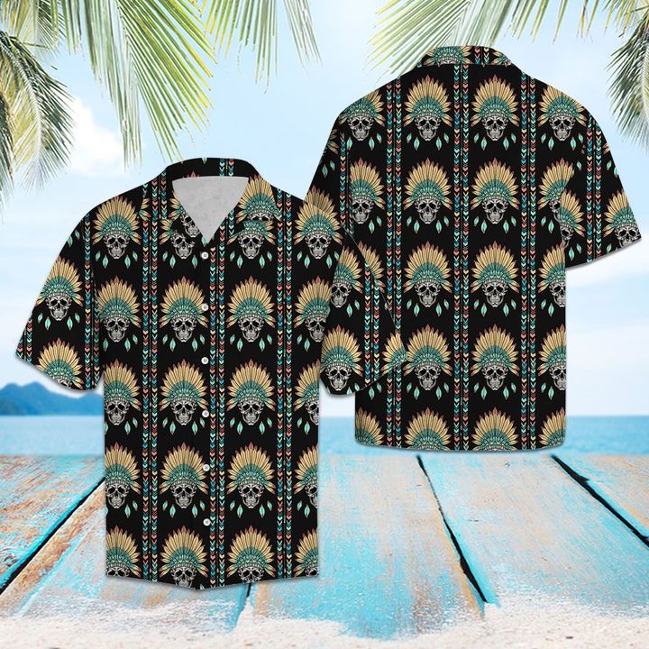 Skull Native Pattern Hawaiian Shirt Summer Button Up Skull Native Pattern Hawaiian Shirt Summer Button Up