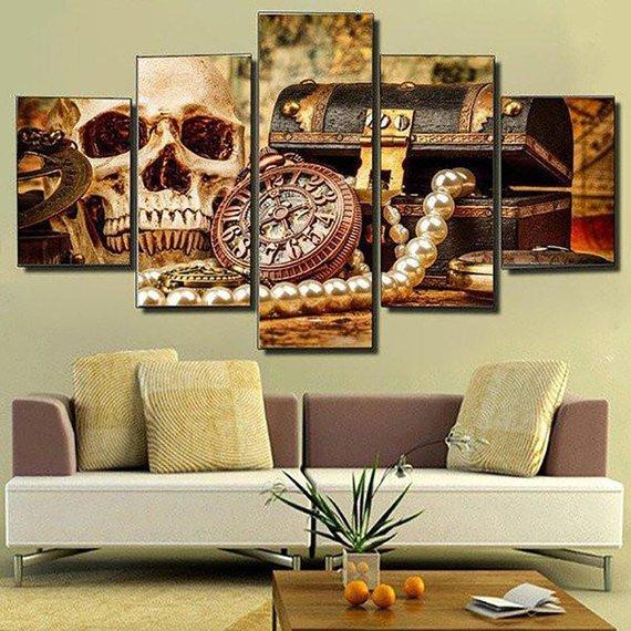 Skull Pirate Treasure - Abstract 5 Panel Canvas Art Wall Decor Skull Pirate Treasure - Abstract 5 Panel Canvas Art Wall Decor