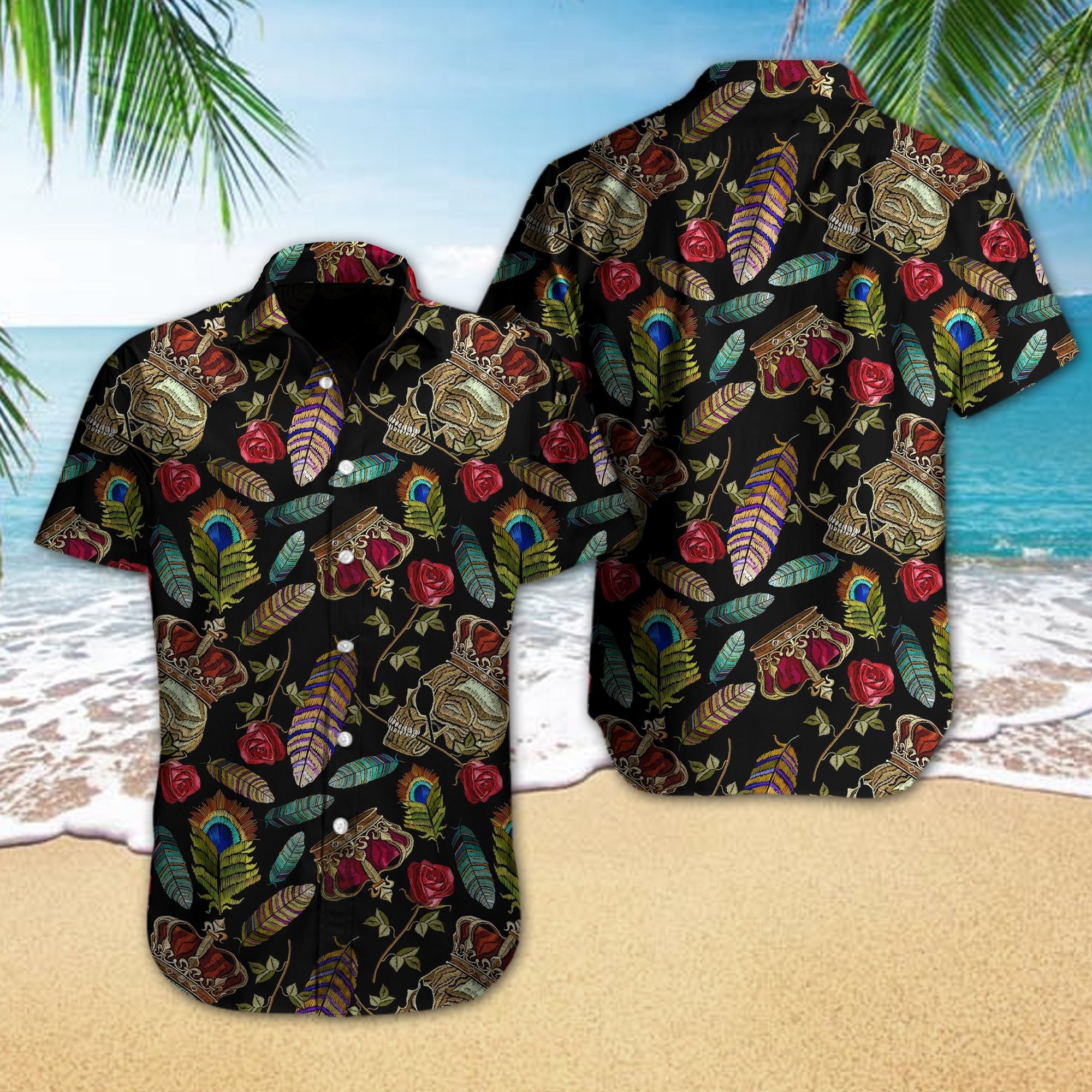 Skull Rose Feather Hawaiian Shirt Summer Button Up Skull Rose Feather Hawaiian Shirt Summer Button Up